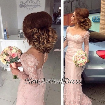 Long-Sleeve Pink Sheer Appliques Sheath Buttons Lace Bridesmaid Dress_1