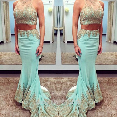 Delicate Two Piece Sweep Train Lace Appliques Halter Prom Dress_3