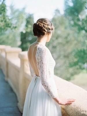 Vestido de novia vintage de manga larga de encaje con cuello en V Vestido de novia por encargo de la última longitud del piso_3
