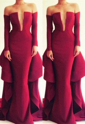 Red Ruffles Long Sleeve Mermaid V-neck Prom Dresses_1