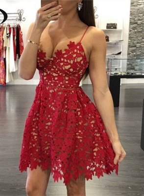 Sexy Red LaceHomecoming Dress Short Spaghetti Strap Party Gowns_1
