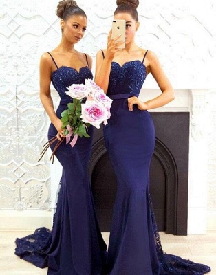 Elegant Dark Navy Bridesmaid Dresses | Spaghettis Straps Lace Prom Dresses_1