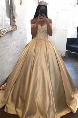 Off The Shoulder Champagne Gold Ball Gowns Formal Dress Appliques Quinceanera Dresses FB0212_1