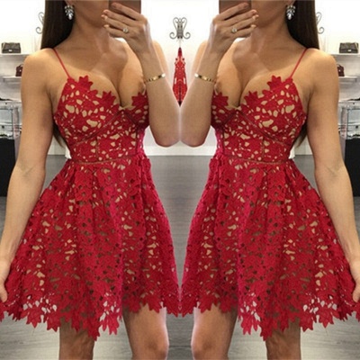 Sexy Red LaceHomecoming Dress Short Spaghetti Strap Party Gowns_3