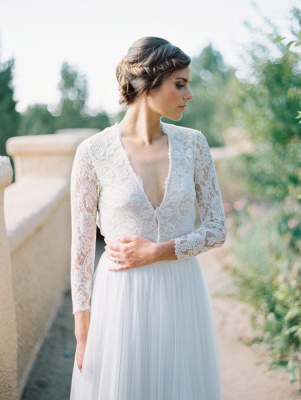 V-Neck Lace Long Sleeve Vintage Bridal Gown Latest Floor Length Custom Made Wedding Dress_2