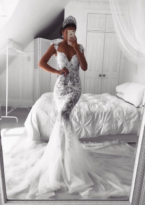 Beautiful Lace Mermaid Straps Cap Sleeve Wedding Dresses | Modest Online  Bridal Gowns BA9614_1