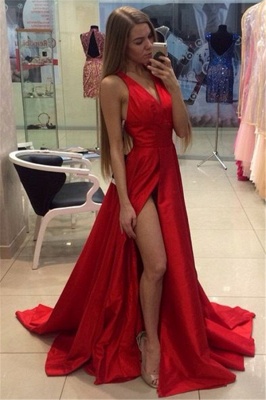 Sexy Side Split Prom Dresses  V-neck Stretch Satin Formal Gowns CE0015_1