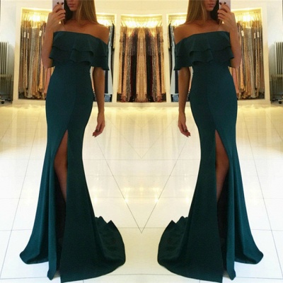 Green off the shoulder prom dress with split,green evening gowns_3