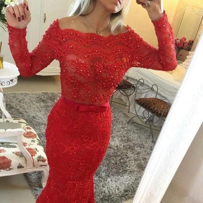 Long Sleeves Lace Mermaid Prom Dresses Red Scoop Neck Pearls Bow Sash Backless Long Evening Gowns BT00_5