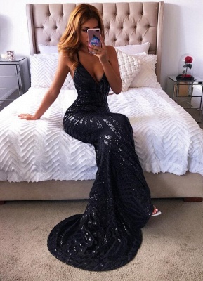 New Spaghetti-Straps Black Mermaid Long Prom Dresses BA8254_3