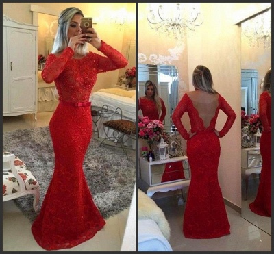 Long Sleeves Lace Mermaid Prom Dresses Red Scoop Neck Pearls Bow Sash Backless Long Evening Gowns BT00_3