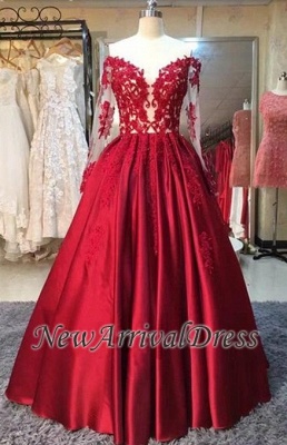 Puffy Long Sleeve Off The Shoulder Red Lace Appliques Long Prom Dresses  BA5004_1