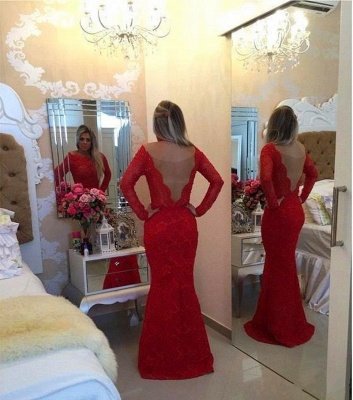Long Sleeves Lace Mermaid Prom Dresses Red Scoop Neck Pearls Bow Sash Backless Long Evening Gowns BT00_4