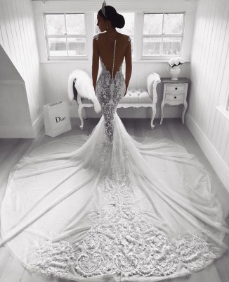 Belle dentelle sirène bretelles Cap manches robes de mariée | Modeste En Ligne Pas Cher Robes De Mariée BA9614_3