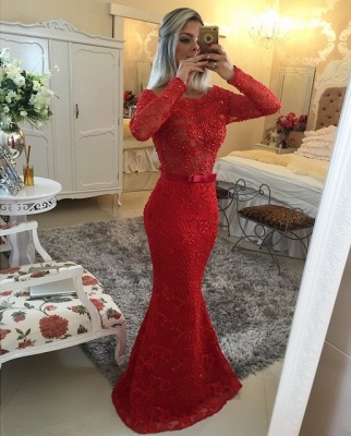 Long Sleeves Lace Mermaid Prom Dresses Red Scoop Neck Pearls Bow Sash Backless Long Evening Gowns BT00_2