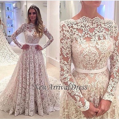Lace Appliques Backless Bowknot Elegant Long Sleeve  Online A-Line Wedding Dresses_1