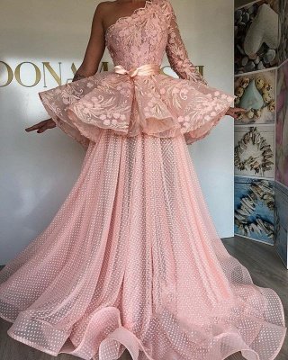 Glamorous A-Line Prom Dresses | Pink Lace Long Sleeve Evening Gowns_1