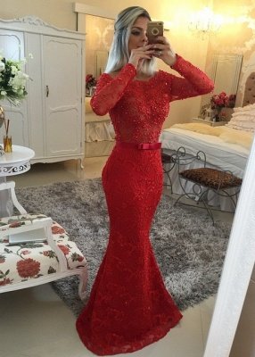 Long Sleeves Lace Mermaid Prom Dresses Red Scoop Neck Pearls Bow Sash Backless Long Evening Gowns BT00_1