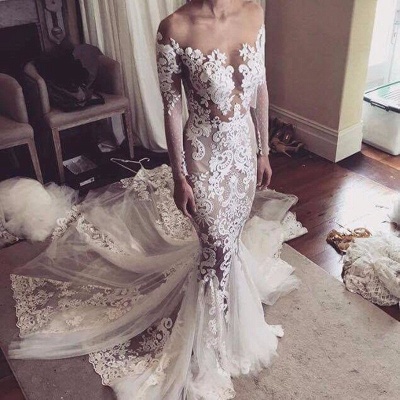 Appliques Glamorous Tulle Mermaid Long Sleeve Sexy Wedding Dresses  Online_4