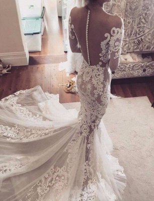 Appliques Glamorous Tulle Mermaid Long Sleeve Sexy Wedding Dresses  Online_3