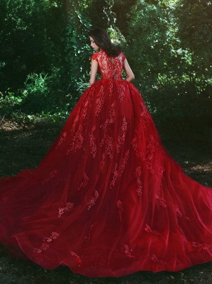 Sur-jupe rouge dentelle col en V glamour appliques robes de bal BA7655_3