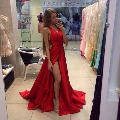 Sexy Side Split Prom Dresses  V-neck Stretch Satin Formal Gowns CE0015_3