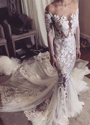 Appliques Glamorous Tulle Mermaid Long Sleeve Sexy Wedding Dresses  Online_2