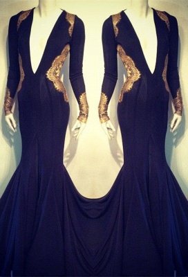 Modern V-neck Long Sleeve Black Lace Sweep Train Prom Dresses_1