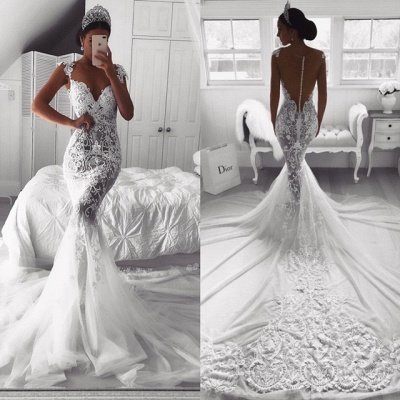 Beautiful Lace Mermaid Straps Cap Sleeve Wedding Dresses | Modest Online Cheap Bridal Gowns BA9614_4