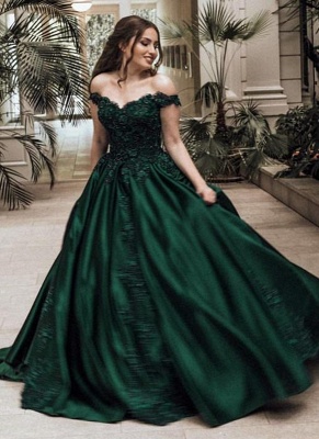 Elegant Dark Green Puffy Prom Dresses | Off-The-Shoulder Ball Gown Quinceanera Dresses_1