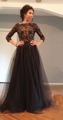 Black Bateau Lace Tulle Prom Dress 3/4 Sleeving Dresses with Beadings_1