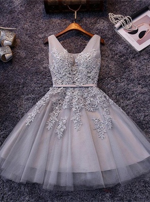 Puffy Appliques Lace V-Neck Silver Elegant Sexy Short Homecoming Dresses_1