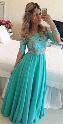 A-Line Long Sleeves Lace Prom DressesChiffon Long Evening Gowns with Beadings BT00_2
