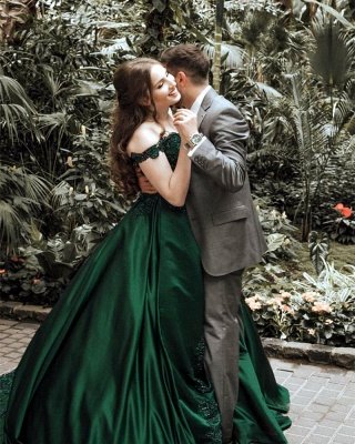 Elegant Dark Green Puffy Prom Dresses | Off-The-Shoulder Ball Gown Quinceanera Dresses_3