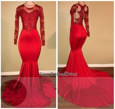 Mermaid Long Sleeve Red Appliques Sheer Amazing Prom Dresses  BA7856_1