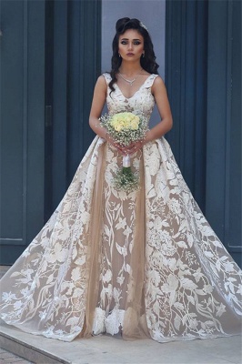 V-neck Sleeveless Lace Champagne Wedding Dresses Detachable Overskirt Backless Bride Dress_1