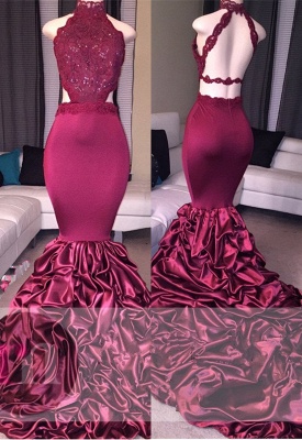 Lace Mermaid Beads Open Back Formal Dresses | High Neck New Arrival Prom Dresses_2