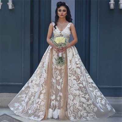 V-neck Sleeveless Lace Champagne Wedding Dresses Detachable Overskirt Backless Bride Dress_5