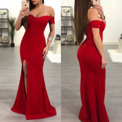 Elegante vestido de fiesta rojo con hombros descubiertos | Vestidos de noche de novia de sirena_4