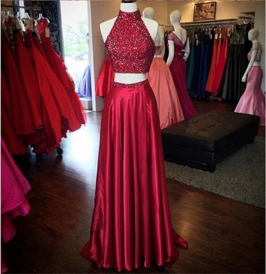 Newest Red Two Piece Beads A-line Prom Dress_3