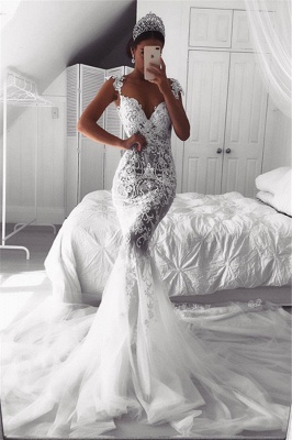 Beautiful Lace Mermaid Straps Cap Sleeve Wedding Dresses | Modest Online  Bridal Gowns BA9614_2