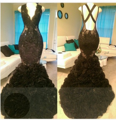 Meerjungfrau-Abendkleider aus Tüll mit offenem Rücken und V-Ausschnitt | Appliques Glamouröse schwarze Ballkleider günstig_4