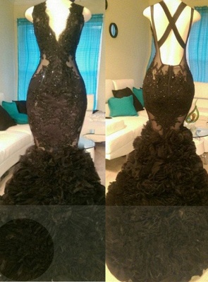 Meerjungfrau-Abendkleider aus Tüll mit offenem Rücken und V-Ausschnitt | Appliques Glamouröse schwarze Ballkleider günstig_3