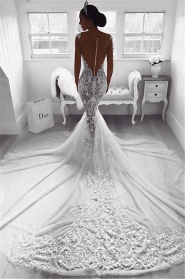Mermaid Straps Wedding Dresses | Sheer Tulle Sleeveless Appliques Bridal Dresses_3