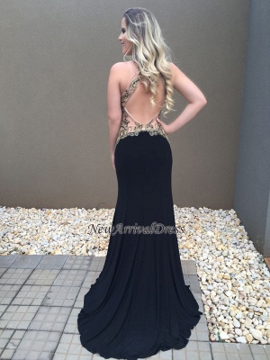 Appliques Halter Sexy Mermaid Black Prom Dress_1