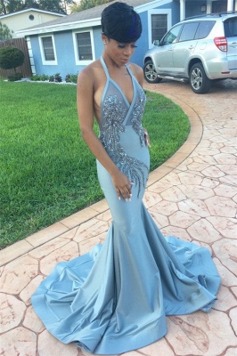 Sexy Beaded Halter Crystals Blue Backless V-neck Mermaid Prom Dress BA8052_2