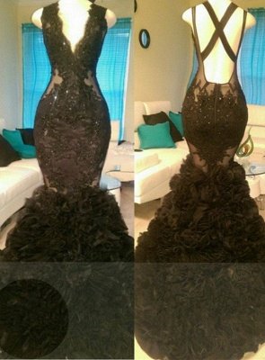 Open Back V-Neck Tulle Mermaid Evening Gowns | Appliques Glamorous Black Prom Dresses_3