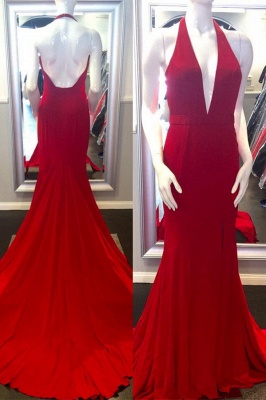 Straps Sleeveless Red Mermaid Open Back Sweep Train Prom Dresses_1