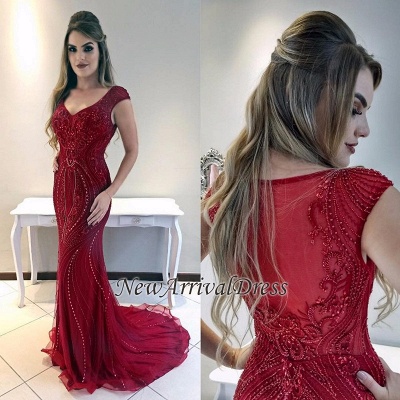 Red Cap-Sleeves Mermaid Gorgeous Prom Dress_1