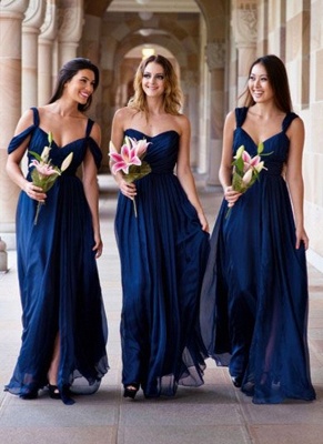 Elegant Dark-Navy Chiffon A-line Long Summer Bridesmaid Dresses_3